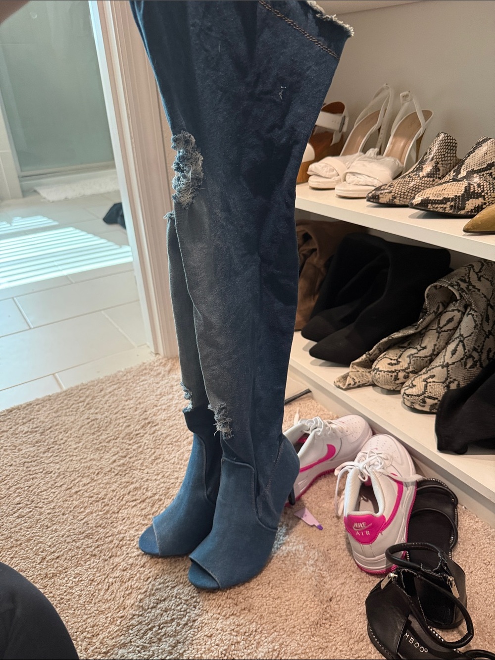 Olivia Miller Distressed Over-the-Knee Peep-Toe Boots in Dark Blue